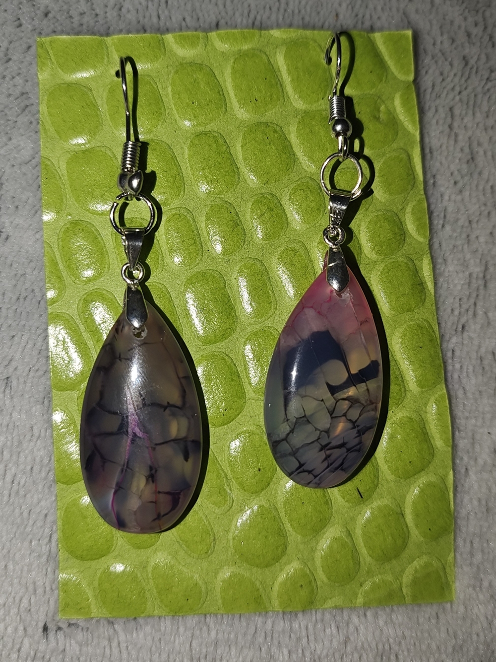 Natural Stone Pink and Black Teardrop Dangle Earrings - Handmade Jewelry